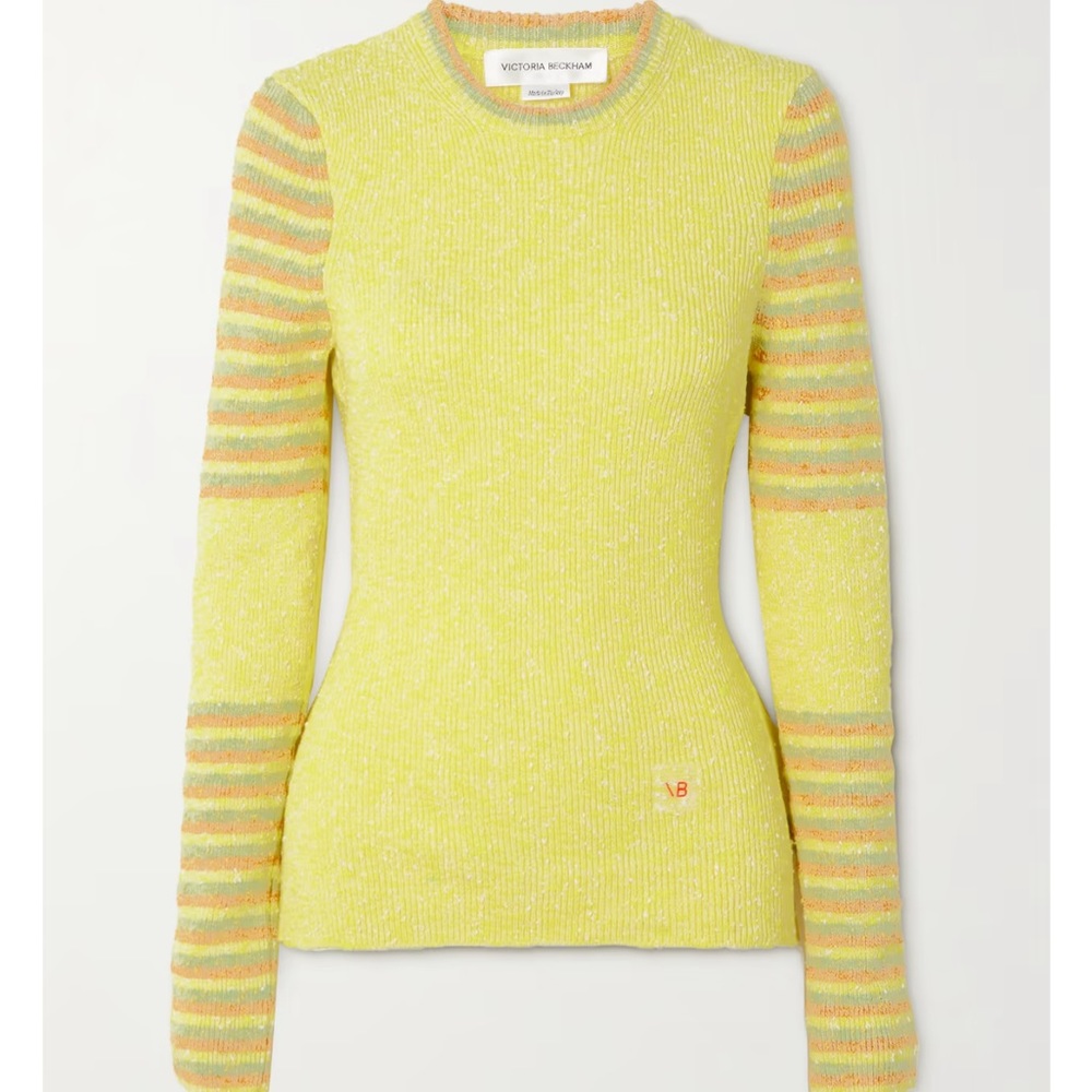 Victoria Beckham Striped Ribbed Cotton-blend‎ Bouclé Sweater Yellow